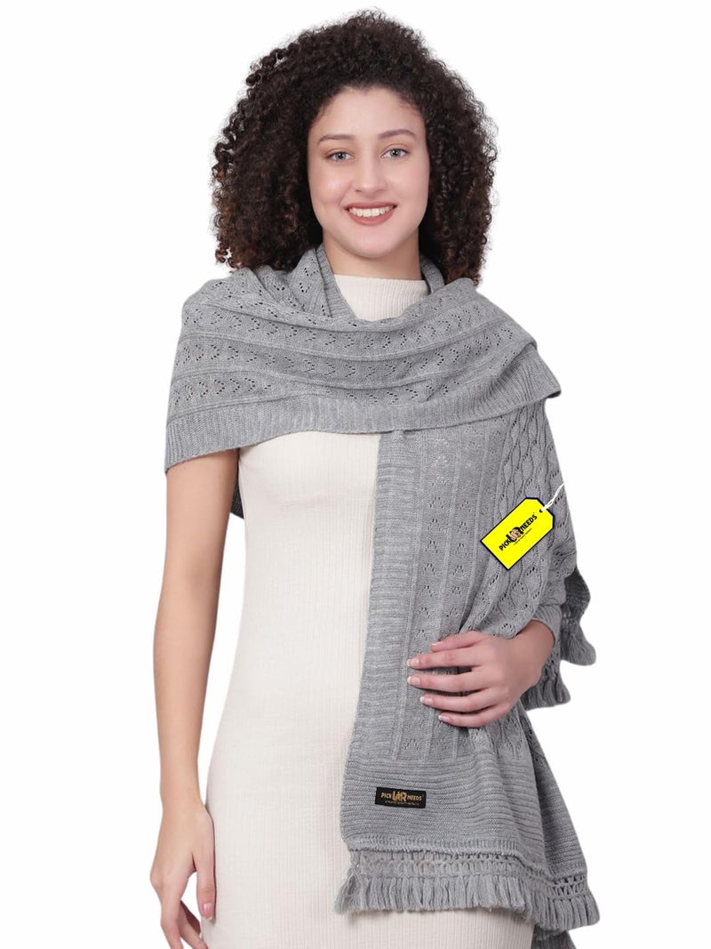 Pick Ur Needs Women’s Premium Knitted Winter Soft Shawl Woolen Warm Stole with Elegant Lace Pattern & Tassels For Girls (Grey) - Image 1