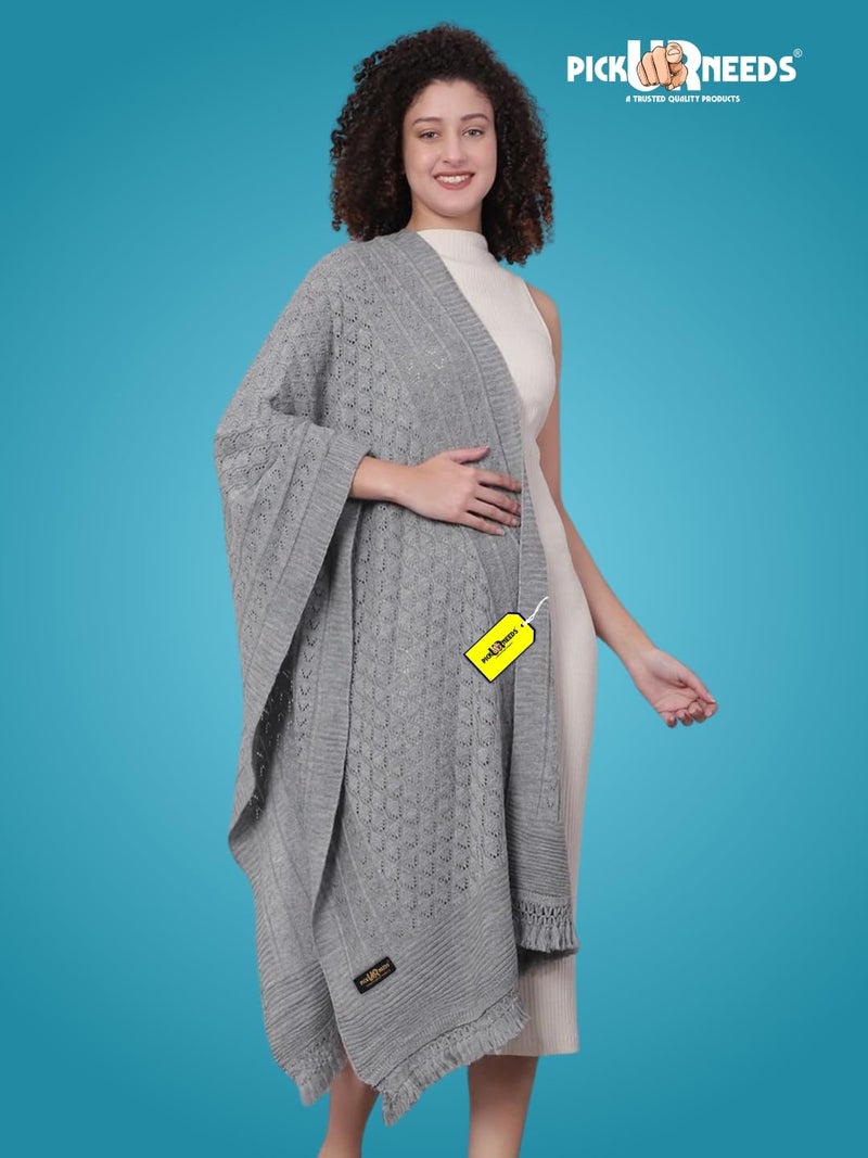Pick Ur Needs Women’s Premium Knitted Winter Soft Shawl Woolen Warm Stole with Elegant Lace Pattern & Tassels For Girls (Grey) - Image 4