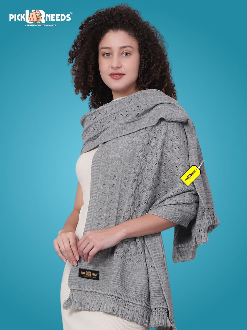 Pick Ur Needs Women’s Premium Knitted Winter Soft Shawl Woolen Warm Stole with Elegant Lace Pattern & Tassels For Girls (Grey) - Image 5