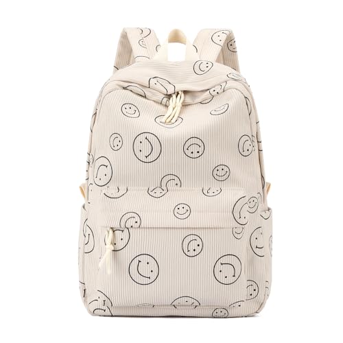 Tanweibago School Backpack for Girls Corduroy Bookbag 16inch Elementary Primary Preschool for Teen Boys Girl Travel Casual Daypacks Smile Beige - Image 1