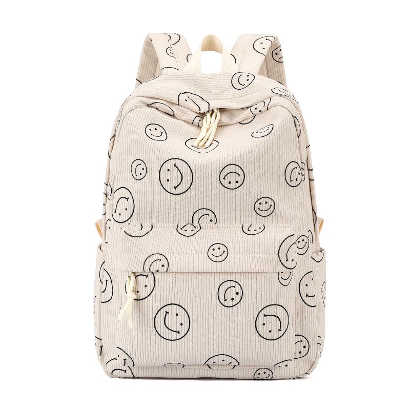 Tanweibago School Backpack for Girls Corduroy Bookbag 16inch Elementary Primary Preschool for Teen Boys Girl Travel Casual Daypacks Smile Beige - Image 2