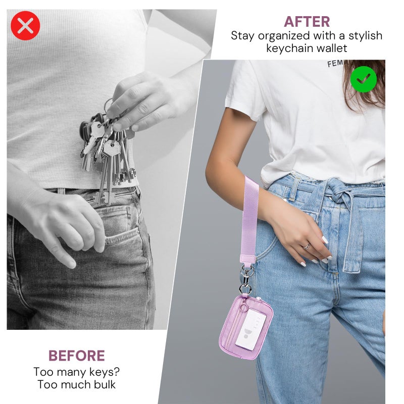 YDF Keychain Wallet for Women Mini Zip Card Holder with ID Window Coin Purse Detachable Wristlet Small Wallets Light Purple - Image 2