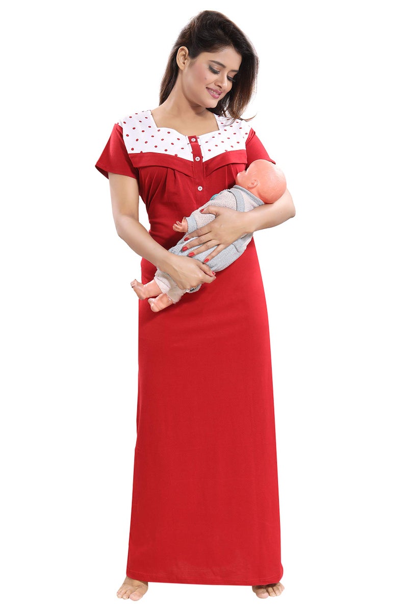 Fabme Women's Cotton Polka Print Maxi Maternity/Feeding Nighty (Maroon_Free Size_NW0160_Maroon_Free Size) - Image 1