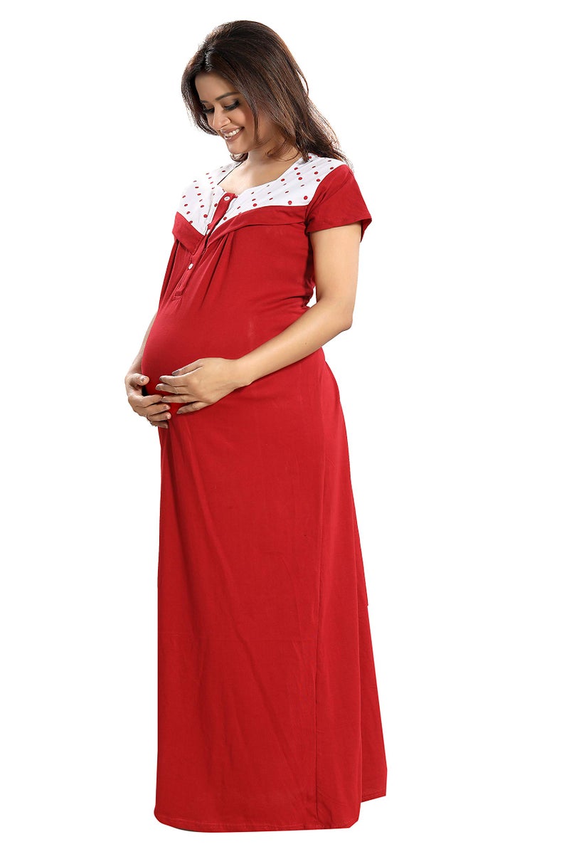 Fabme Women's Cotton Polka Print Maxi Maternity/Feeding Nighty (Maroon_Free Size_NW0160_Maroon_Free Size) - Image 3