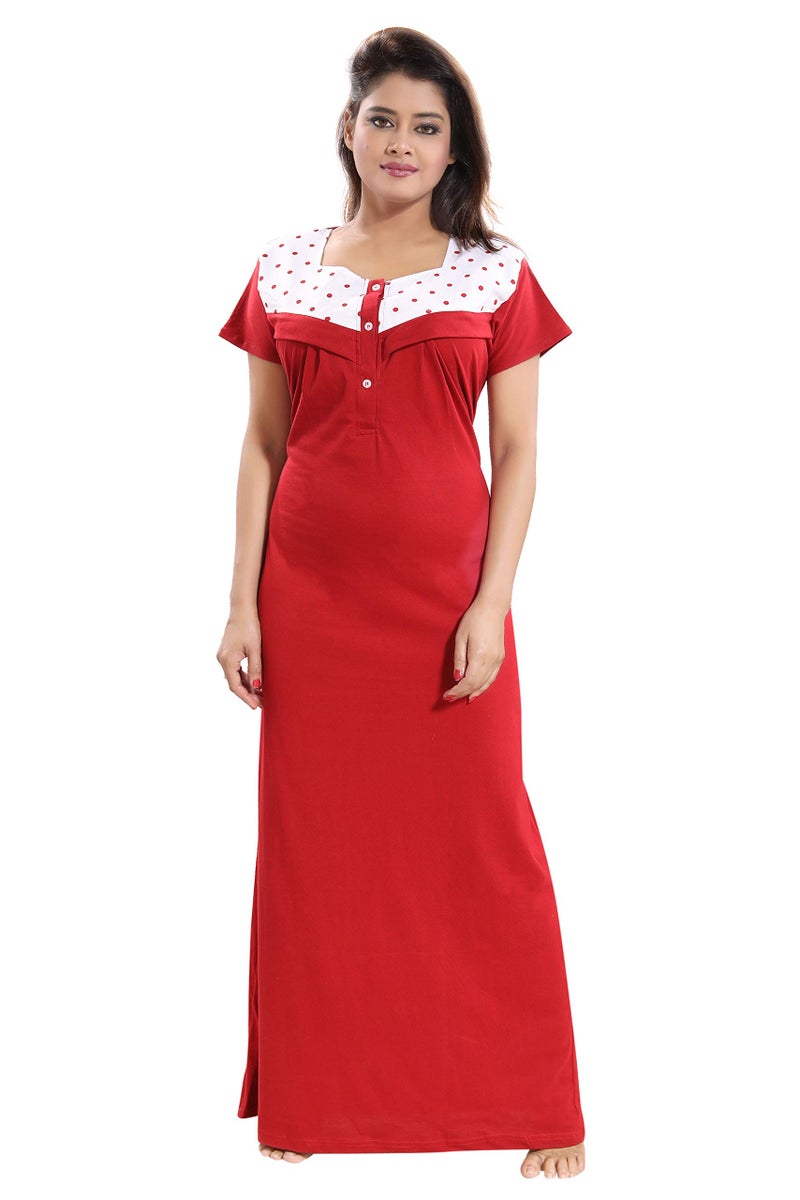 Fabme Women's Cotton Polka Print Maxi Maternity/Feeding Nighty (Maroon_Free Size_NW0160_Maroon_Free Size) - Image 4