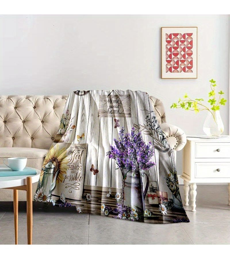Cozy Lavender Farmhouse Throw Blanket Floral Butterfly Design Home Sweet Home Text Soft Flannel Plush Texture 59 By 78 Inch Bedroom Sofa Decor All Season Comfort Rustic Bedroom Accessory - Image 4