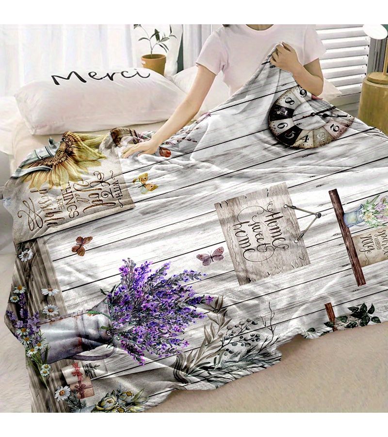 Cozy Lavender Farmhouse Throw Blanket Floral Butterfly Design Home Sweet Home Text Soft Flannel Plush Texture 59 By 78 Inch Bedroom Sofa Decor All Season Comfort Rustic Bedroom Accessory - Image 5