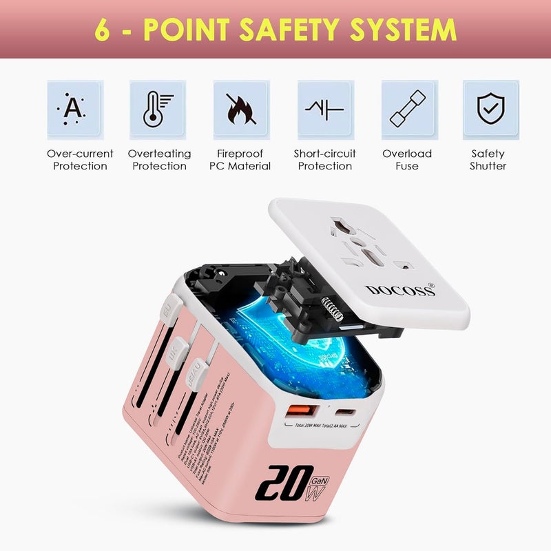 Docoss Fast Charging Universal Travel Adapter International AllinOne Adapter with Type CQC 30W31A Universal Adapter for UKUSEUUniversal Plug Power Adapter PinkWhite - Image 3