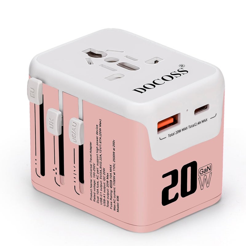 Docoss Fast Charging Universal Travel Adapter International AllinOne Adapter with Type CQC 30W31A Universal Adapter for UKUSEUUniversal Plug Power Adapter PinkWhite - Image 1
