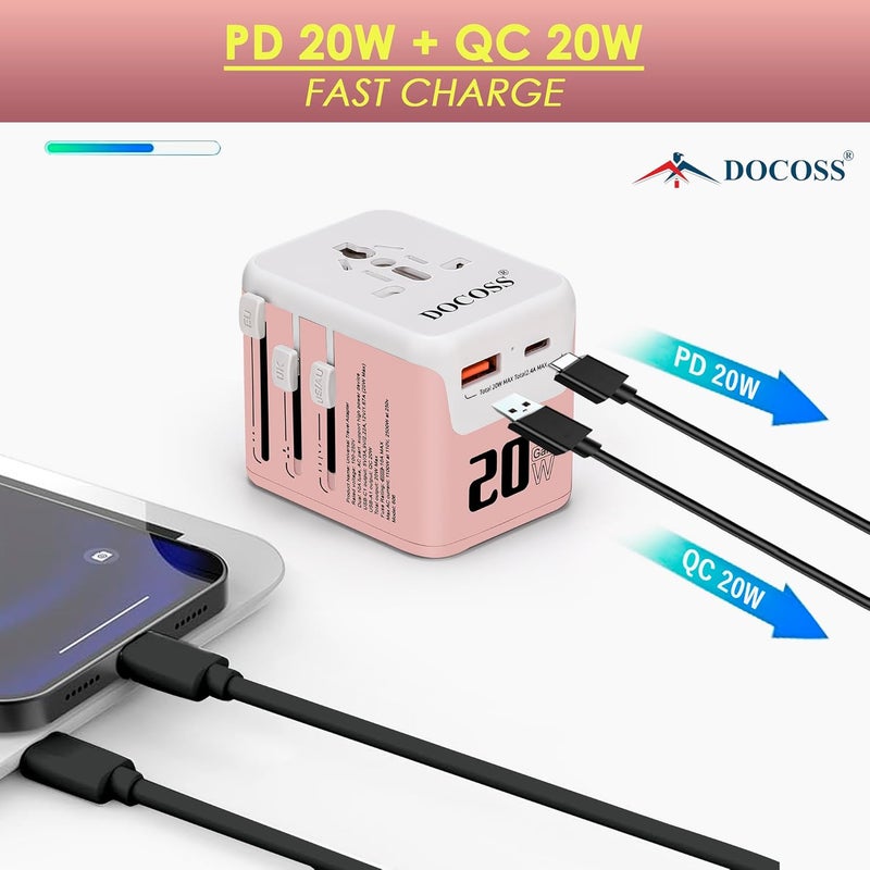 Docoss Fast Charging Universal Travel Adapter International AllinOne Adapter with Type CQC 30W31A Universal Adapter for UKUSEUUniversal Plug Power Adapter PinkWhite - Image 2