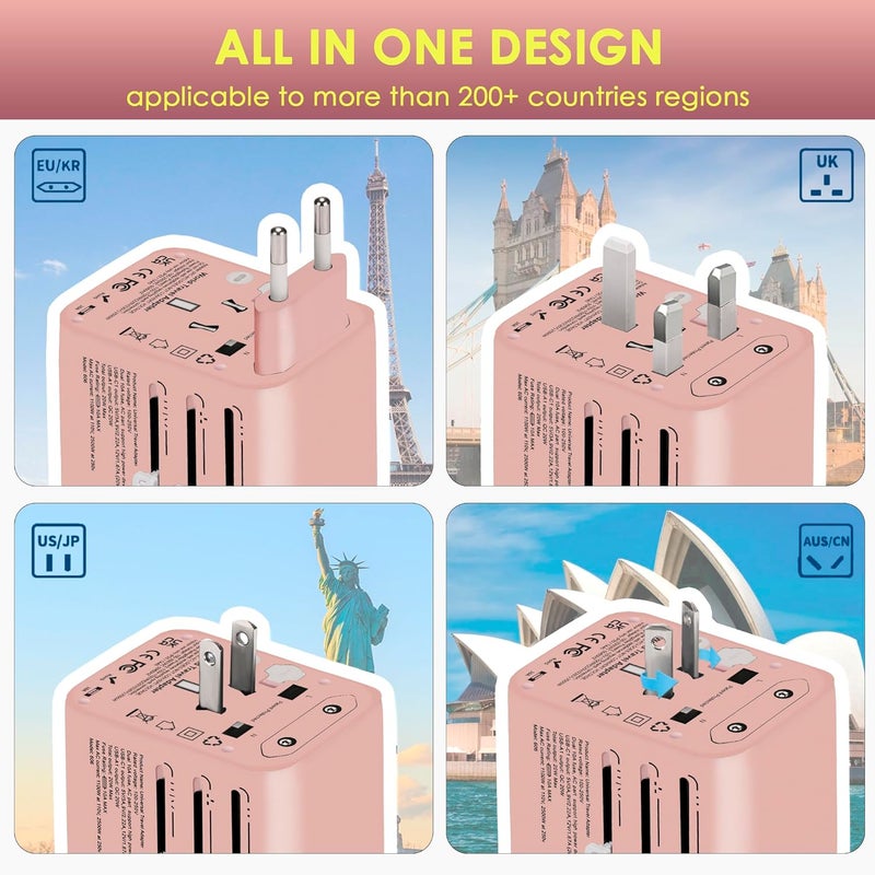 Docoss Fast Charging Universal Travel Adapter International AllinOne Adapter with Type CQC 30W31A Universal Adapter for UKUSEUUniversal Plug Power Adapter PinkWhite - Image 5