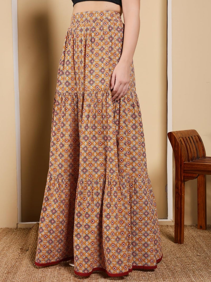 FIORRA Women's Mustard Yellow Printed Cotton Flared Skirt BTM033 - Image 4
