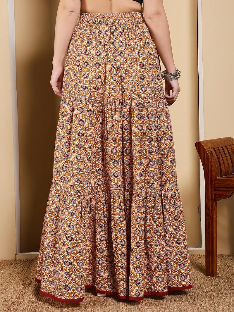 FIORRA Women's Mustard Yellow Printed Cotton Flared Skirt BTM033 - Image 2