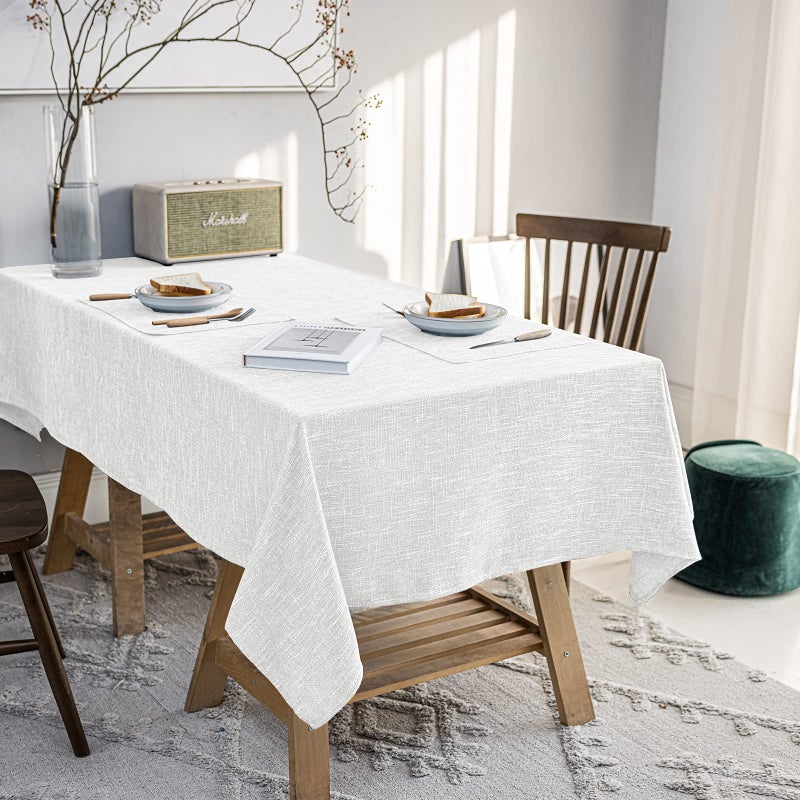 JSFLY Waterproof Cotton Linen Tablecloths Rectangle Dining Table Cloth Wipe Clean Indoor  Outdoor Table Cover for Buffet Party Holiday Dinners and Banquets Wrinkle Resistant54x102 White