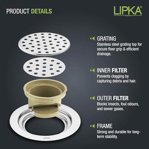LIPKA Stainless Steel Floor Drain with Jali Cover – 5 Inch Round Bathroom Drain Trap, Cockroach Trap, Anti-Clog, Anti-Odor, Heavy Duty Drainage for Kitchen, Bathroom, Balcony, Shower Area - Image 5