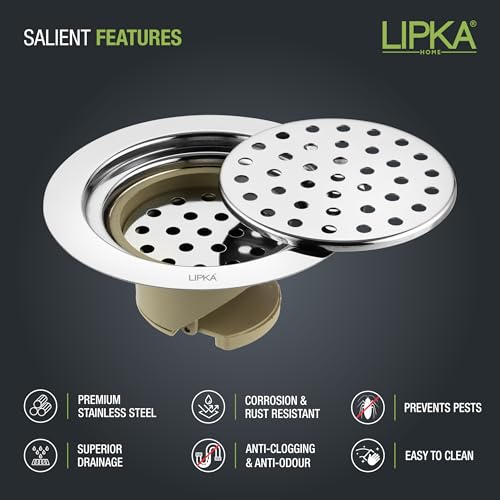 LIPKA Stainless Steel Floor Drain with Jali Cover – 5 Inch Round Bathroom Drain Trap, Cockroach Trap, Anti-Clog, Anti-Odor, Heavy Duty Drainage for Kitchen, Bathroom, Balcony, Shower Area - Image 4