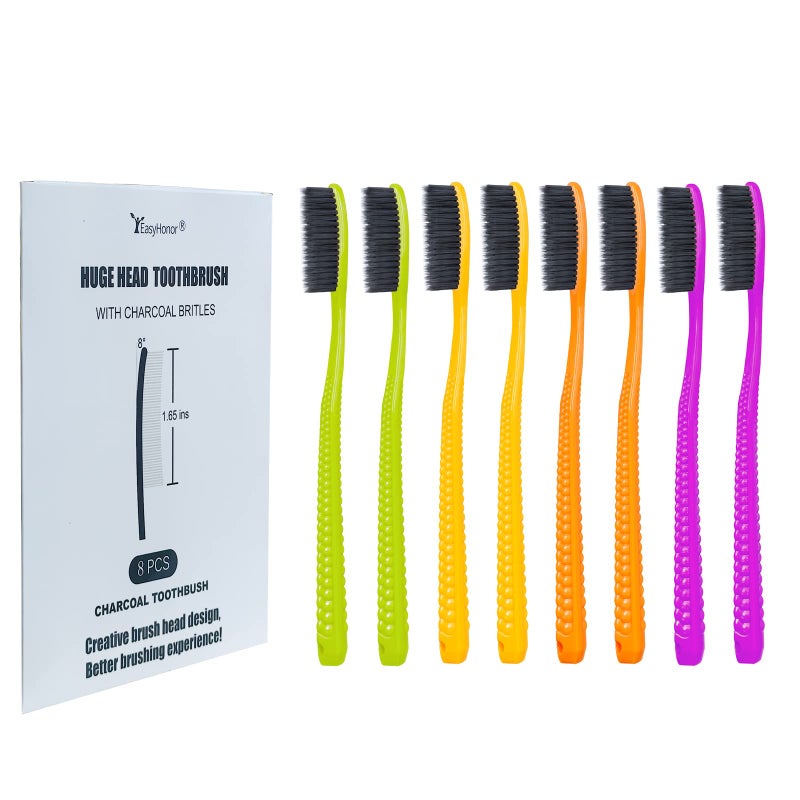 EasyHonor Huge Head Toothbrush, with Medium Soft Britles for Adult. (Charcoal Bristles,8 Packs) - Image 1
