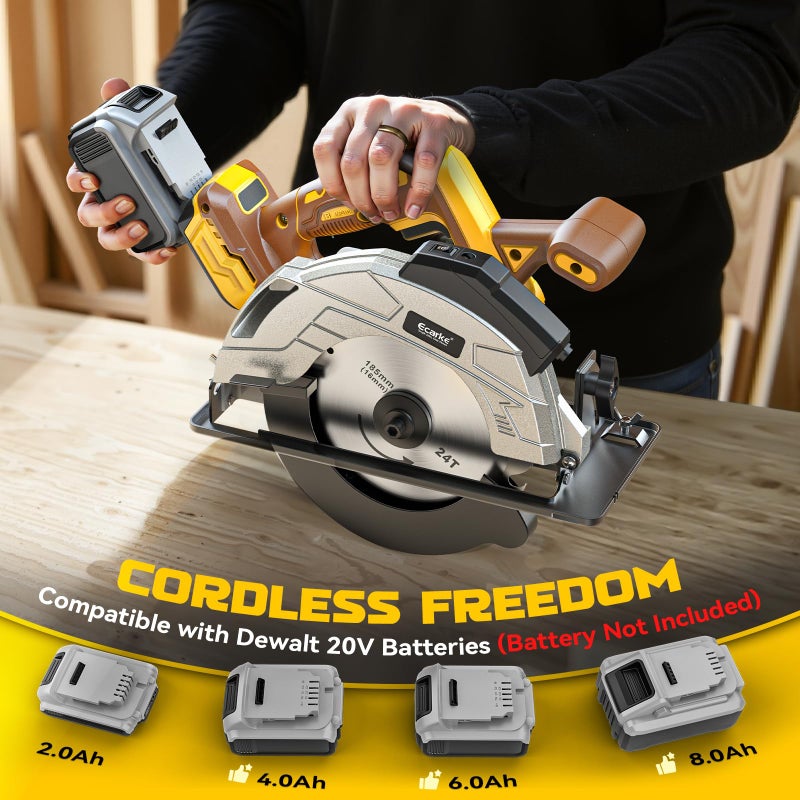 Ecarke 7-1/4" Cordless Circular Saw, Compatible with DeWalt 20V Battery (Bare Tool), 5000 RPM Electric Circular Saw with Laser Guide, 2 Blades (24T & 40T), 0â€“45Â° Bevel, 2-1/4" Cutting Depth - Image 4