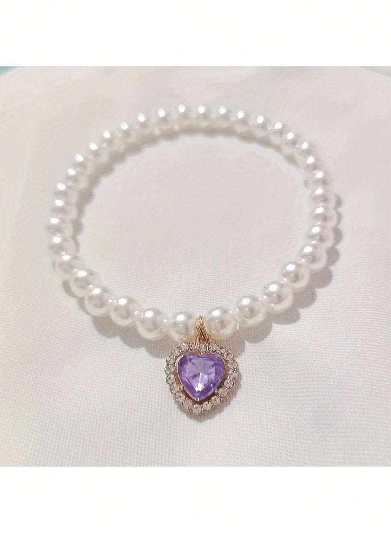 Rightsure 1pc Elegant Pet Pearl Necklace With Vintage Love Crystal Pendant, Cat Pearl Collar, Trend Cat Necklace Accessories