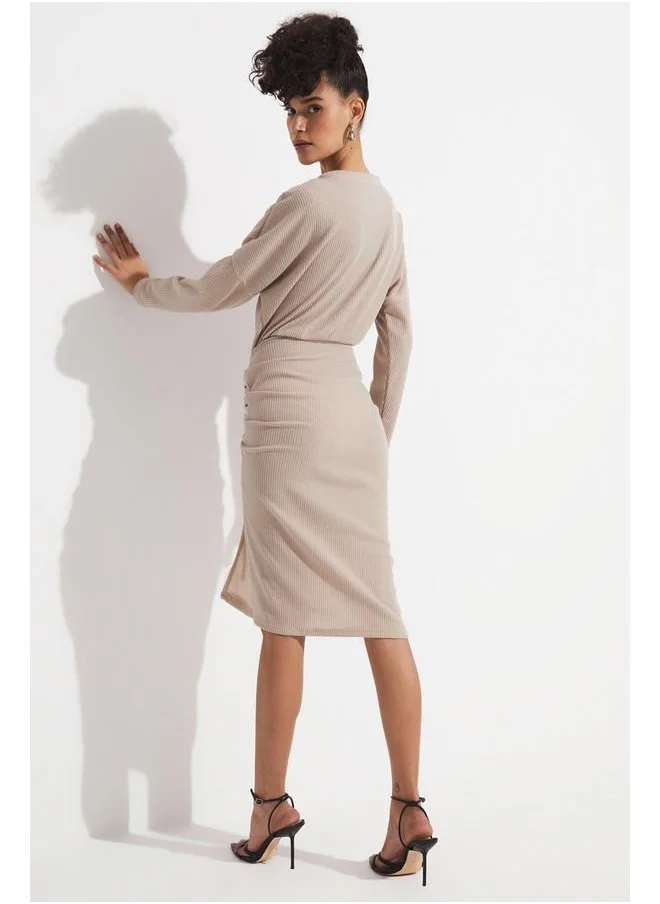 جون June Gathered Detail Knitted Dress Beige