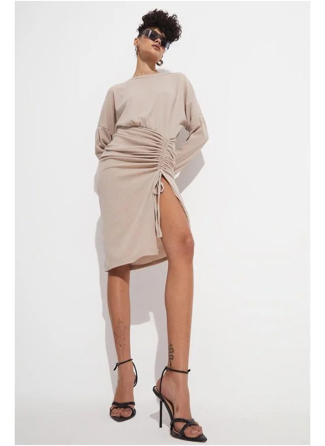 جون June Gathered Detail Knitted Dress Beige