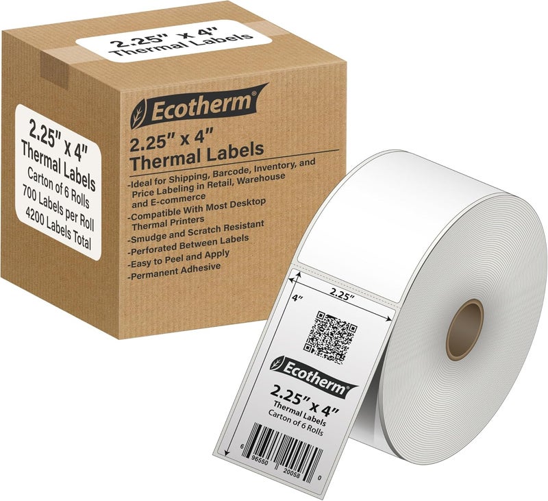 Ecotherm 2.25" x 4" Thermal Labels | 6 Rolls | 4200 Labels | fits Zebra, Munbyn, Rollo, Godex, Arkscan, iDPRT, Offnova Thermal Label Printers and More | Blank White Adhesive Stickers by - Image 1
