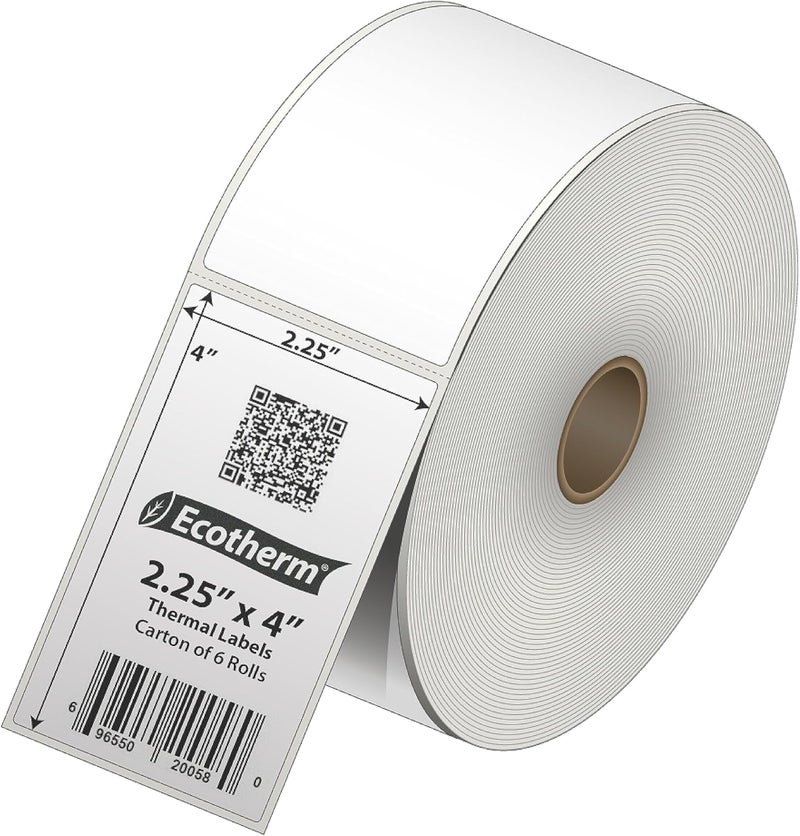 Ecotherm 2.25" x 4" Thermal Labels | 6 Rolls | 4200 Labels | fits Zebra, Munbyn, Rollo, Godex, Arkscan, iDPRT, Offnova Thermal Label Printers and More | Blank White Adhesive Stickers by - Image 2
