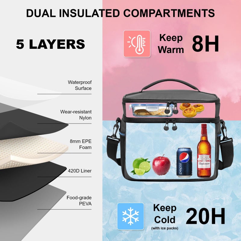 EVERFUN Small Cooler Lunch Box Mini Leak-Proof Soft Double Deck 24 Can Personal Insulated Collapsible Portable Waterproof Lunch Bag Ice Chest for Men Women Work Travel Car Picnic Beach, Black - Image 3