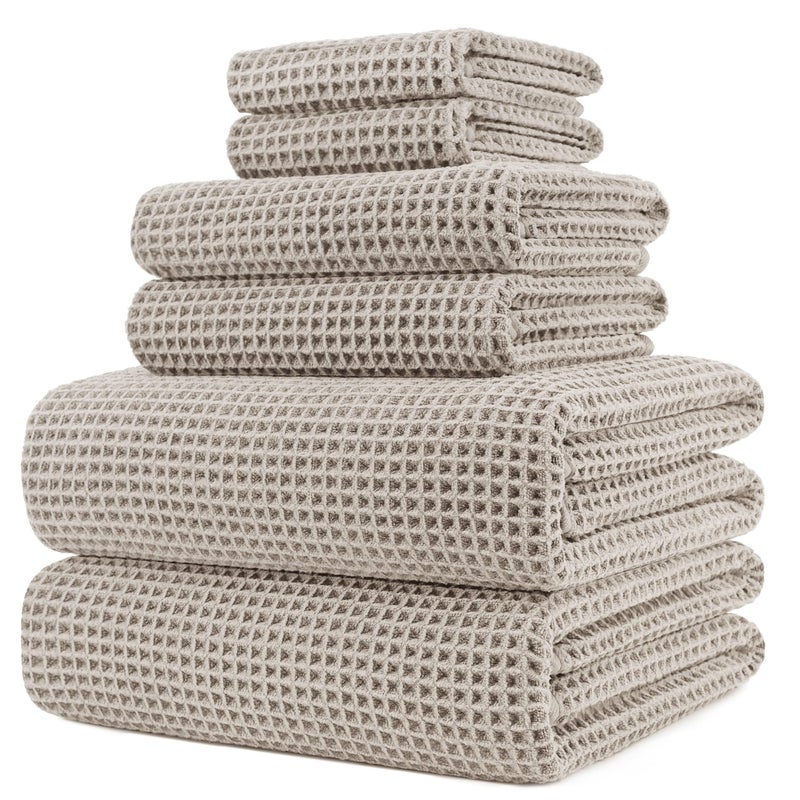 POLYTE Oversize, 60 x 30 in., Quick Dry Lint Free Microfiber Bath Towel Set, 6 Piece (Waffle Weave) - Image 1