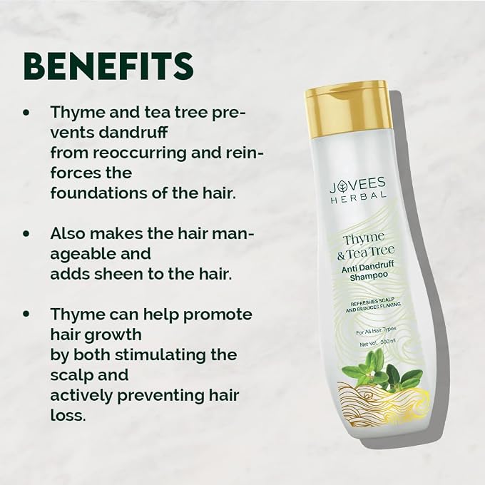 Jovees Herbal Thyme & Tea Tree Anti Dandruff Shampoo | With Tea Tree, Thyme & Lemon Extract | For All Hair Type | Prevents Dandruff & Dry Scalp | For Men & Women300ml - Image 2