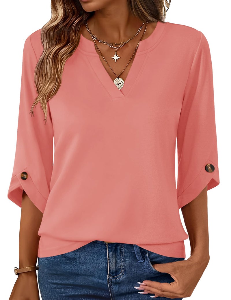 Kistore Summer Fashion 3/4 Length Sleeve Tops Blouses for Women V Neck Dressy Casual Business Shirts Coral Pink M - Image 1