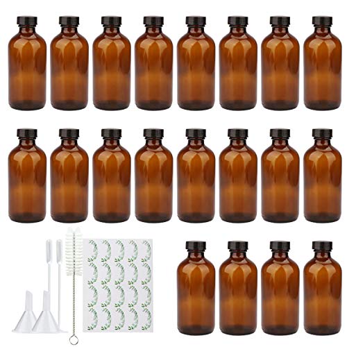 Maredash 8oz Amber Glass Bottles, 20 Pack Glass Storage Bottles with Black Lids (Brown, 20 Labels, with Funnels, Droppers and Brush) - Image 1