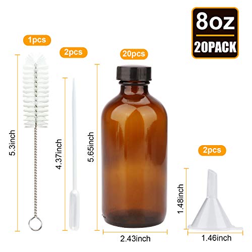 Maredash 8oz Amber Glass Bottles, 20 Pack Glass Storage Bottles with Black Lids (Brown, 20 Labels, with Funnels, Droppers and Brush) - Image 2