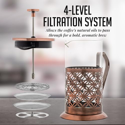 OVENTE French Press Coffee Maker 34 Ounce with Heat Resistant Borosilicate Glass, Stainless Steel Design and 4-Level Filter System, Portable Cold Brewer Pot for Travel, Camping or Gift, Copper FSF34C - Image 3