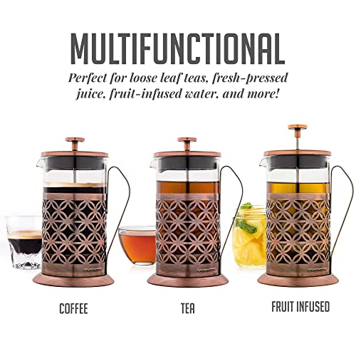 OVENTE French Press Coffee Maker 34 Ounce with Heat Resistant Borosilicate Glass, Stainless Steel Design and 4-Level Filter System, Portable Cold Brewer Pot for Travel, Camping or Gift, Copper FSF34C - Image 4