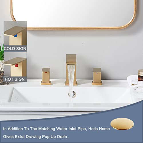 HOTIS HOME Brushed Gold Bathroom Sink Faucet, 3 Hole Waterfall Bathroom Faucet, 2 Handle Vanity Bath Faucets, Modern Bathroom Faucet with Supply Hoses and Drain, HT-BF301 - Image 5