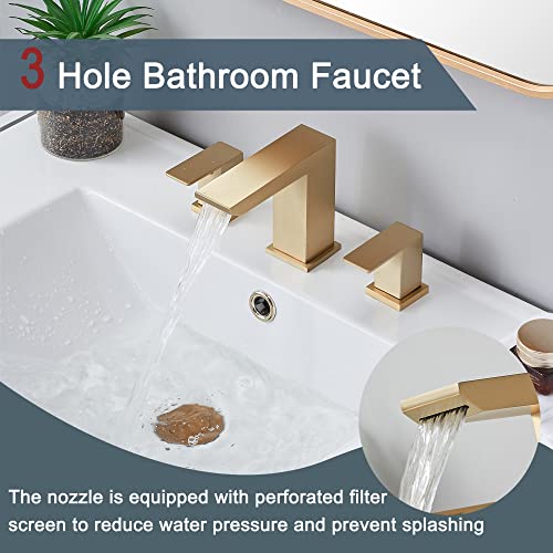 HOTIS HOME Brushed Gold Bathroom Sink Faucet, 3 Hole Waterfall Bathroom Faucet, 2 Handle Vanity Bath Faucets, Modern Bathroom Faucet with Supply Hoses and Drain, HT-BF301 - Image 3