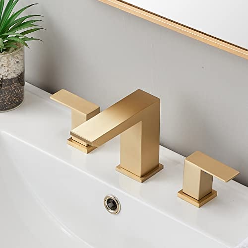 HOTIS HOME Brushed Gold Bathroom Sink Faucet, 3 Hole Waterfall Bathroom Faucet, 2 Handle Vanity Bath Faucets, Modern Bathroom Faucet with Supply Hoses and Drain, HT-BF301 - Image 1