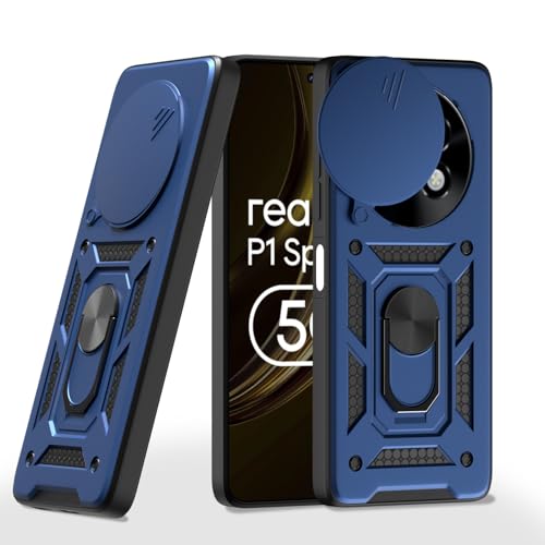 Pikkme Back Cover for Realme 13 Plus 5G / Realme P1 Speed 5G | Sliding Camera Shield with Ring Stand | D10 Full Camera Protection Bumper Case (Blue) - Image 1