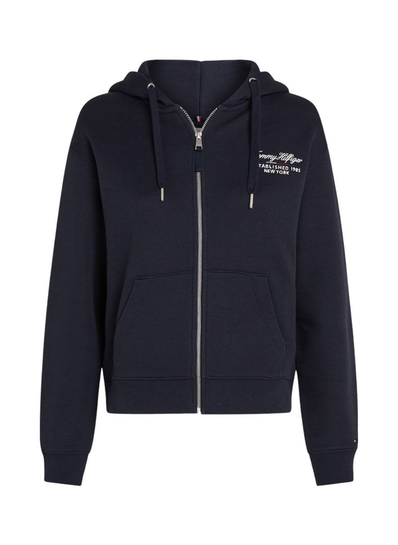 TOMMY HILFIGER Women's Logo Zip-Thru Hoody, Blue - Cotton  - Image 1