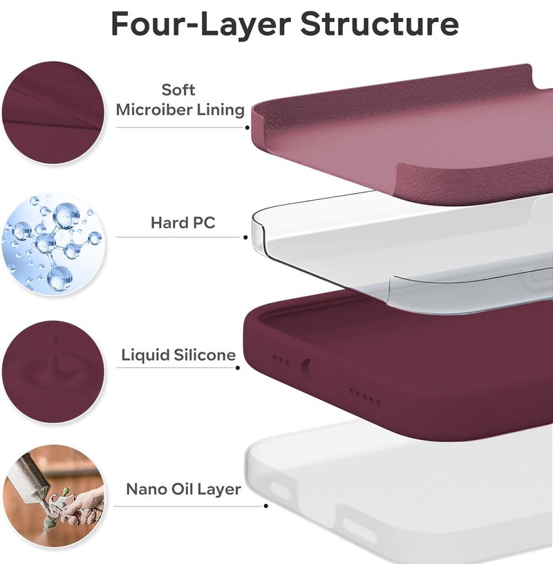 Elzzi غطاء ميكروفايبر مع شعار مقصوص متوافق مع غلاف آيفون 15 من سائل السيليكون غير القابل للانزلاق، غلاف كامل الجسم 4 طبقات واقية، غلاف خلفي مضاد للصدمات مع حواف كاميرا مرتفعة (6.1 بوصة، أحمر نبيذ) - Image 5