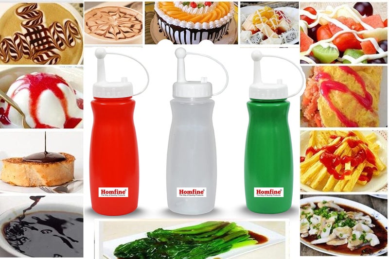 Homfine Kitchen Pack of 3Pcs Plastic Squeeze Bottle/Ketchup Bottle 570ml Dispenser for Sauce Vinegar Oil Ketchup Cruet Bottles (3Pcs, Red, White, Green) 570ml - Image 3