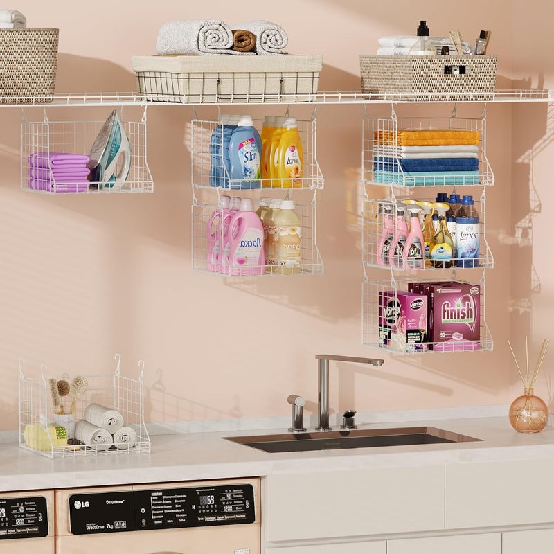 Jsskeeim 3-Tier Foldable Laundry Basket Organizer with Rotating Hooks - Space-Saving Over Washer and Dryer Shelf for Laundry Room Organization and Storage, Durable Wire Shelving Unit, White - Image 5