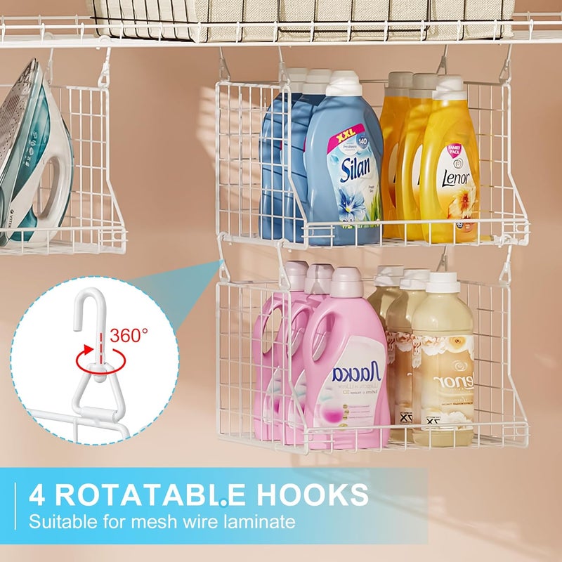 Jsskeeim 3-Tier Foldable Laundry Basket Organizer with Rotating Hooks - Space-Saving Over Washer and Dryer Shelf for Laundry Room Organization and Storage, Durable Wire Shelving Unit, White - Image 4