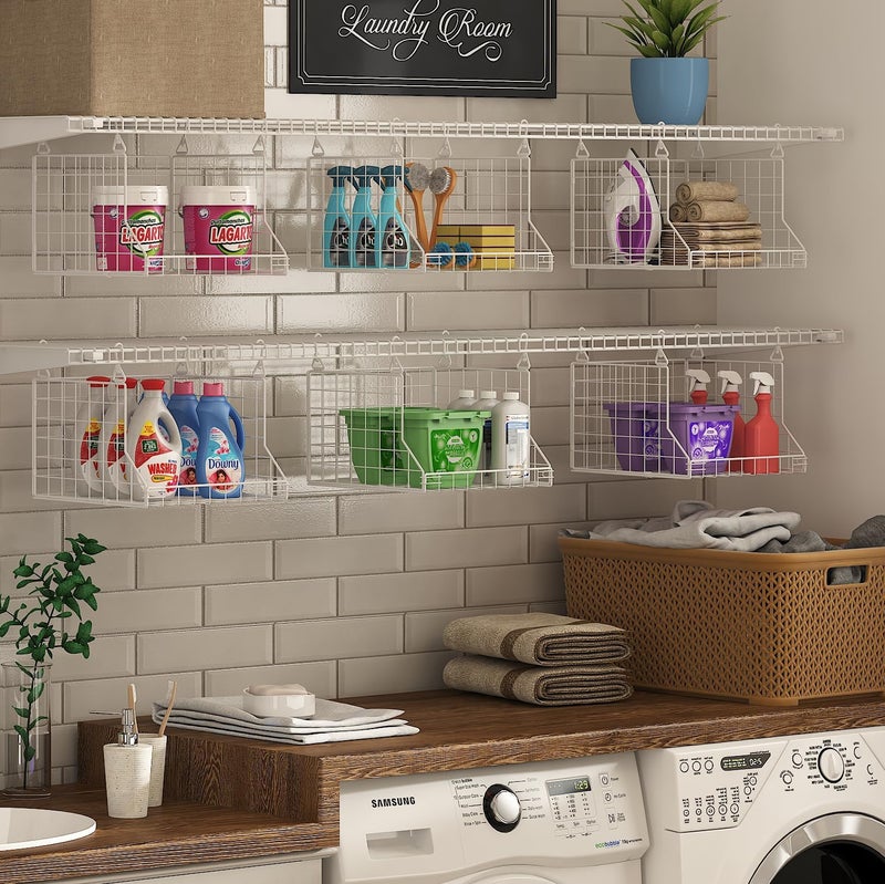 Jsskeeim 3-Tier Foldable Laundry Basket Organizer with Rotating Hooks - Space-Saving Over Washer and Dryer Shelf for Laundry Room Organization and Storage, Durable Wire Shelving Unit, White - Image 2