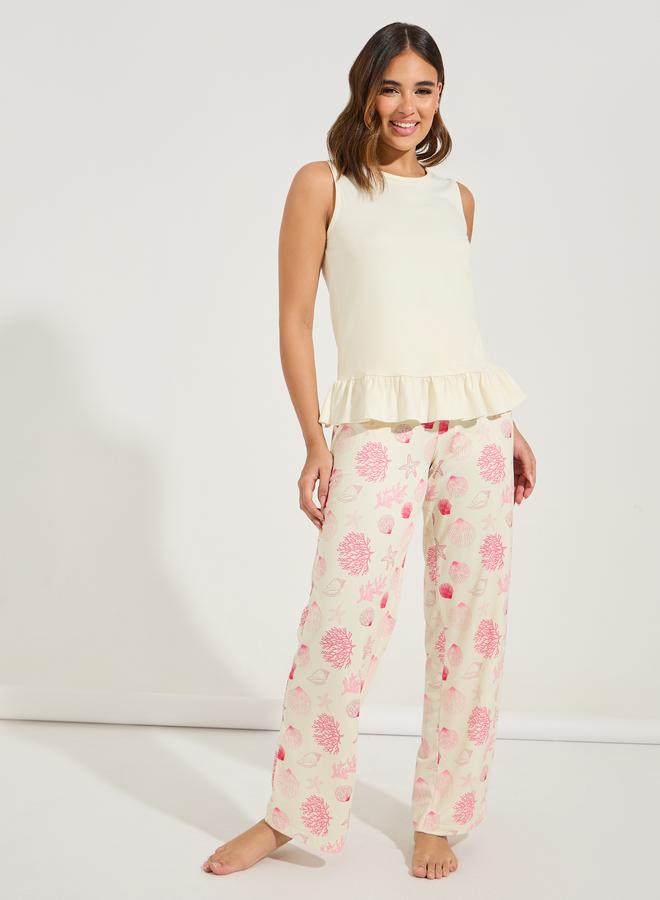 Styli Ruffle Hem T-Shirt & Shell Print Pyjama Set - Image 1