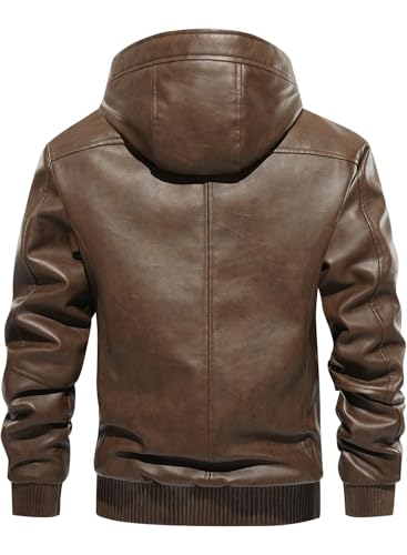 FANARCHER Men’s Faux Leather Jacket Fleece Padded Bomber Motorcycle Jacket with Hood - Image 4