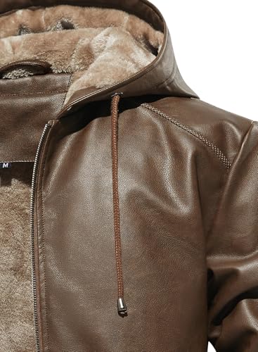 FANARCHER Men’s Faux Leather Jacket Fleece Padded Bomber Motorcycle Jacket with Hood - Image 2