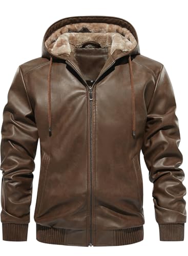 FANARCHER Men’s Faux Leather Jacket Fleece Padded Bomber Motorcycle Jacket with Hood - Image 3