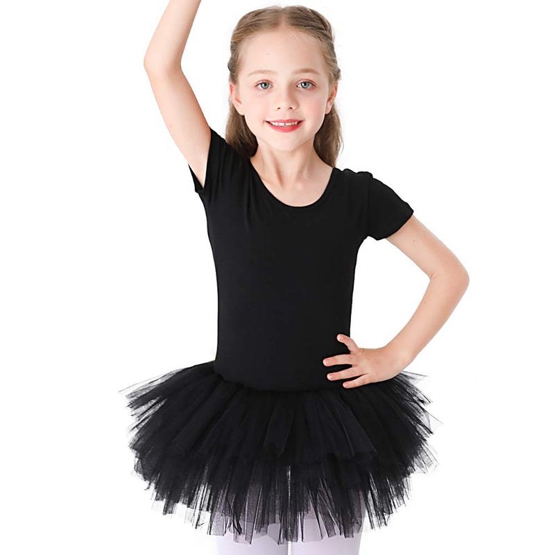 Bezioner Girls Cotton Ballet Dance Dress Cute Tutu Skirted Leotard Short Sleeve Black Size 8-9 Years - Image 1